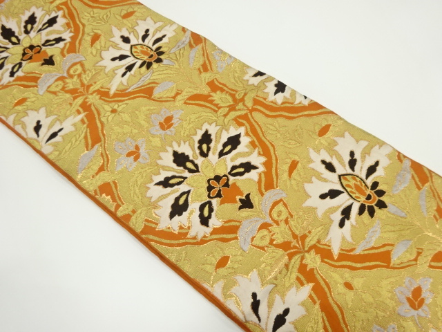JAPANESE KIMONO / ANTIQUE FUKURO OBI / SILK / WOVEN TATEWAKU & FLORAL CREST